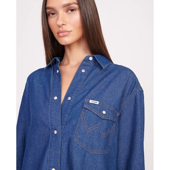 NEW Staud + Wrangler The Oversized Western Shirt Dress in Dark Rinse - Picture 4 of 12